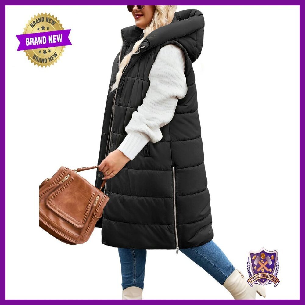 Plus Size Long Puffer Vest Women Sleeveless Hooded Quilted Winter Jacket